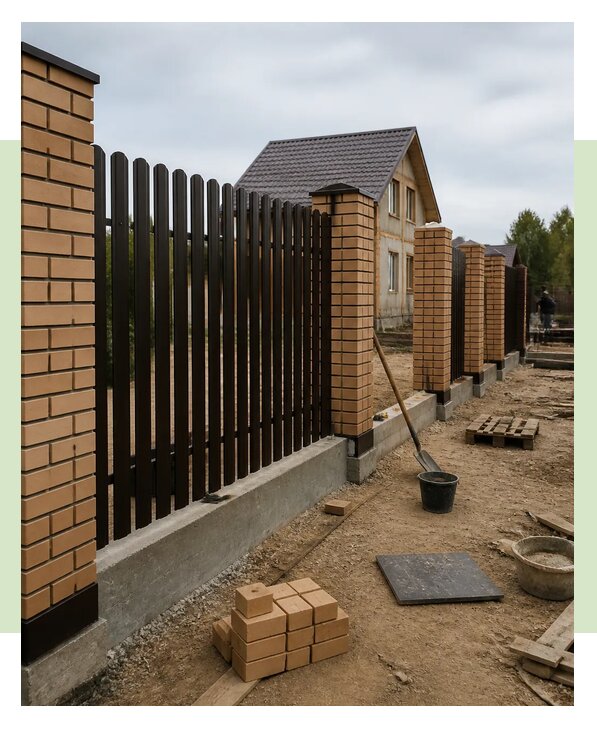 Забор из евроштакетника с кирпичными столбами в Городце